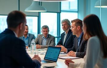 Business team in meeting with FalconNet devices