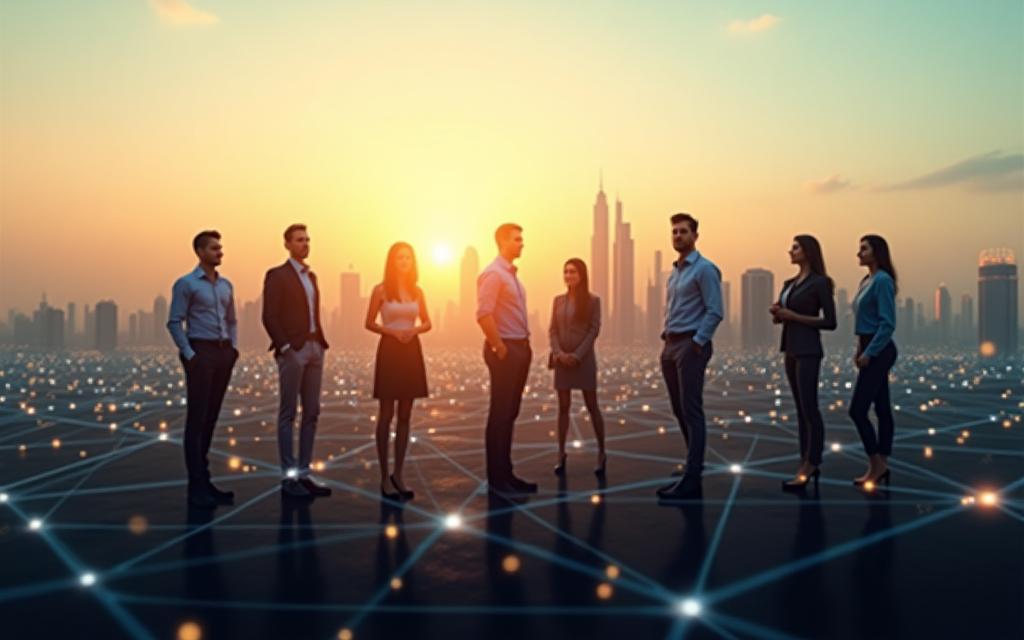 Dubai skyline with digital network overlay and a confident business team